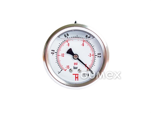 Manometer glycerínový so zadným vývodom, priemer 63mm, vonkajší závit G 1/4", 0-400bar, trieda presnosti 1,6%, priezor akryl, púzdro nerezová oceľ, -40°C/+60°C